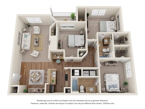 3D Floor Plan of a 3-bedroom apartment with 2 bathrooms at 10x Audubon Apartments in Daphne, AL